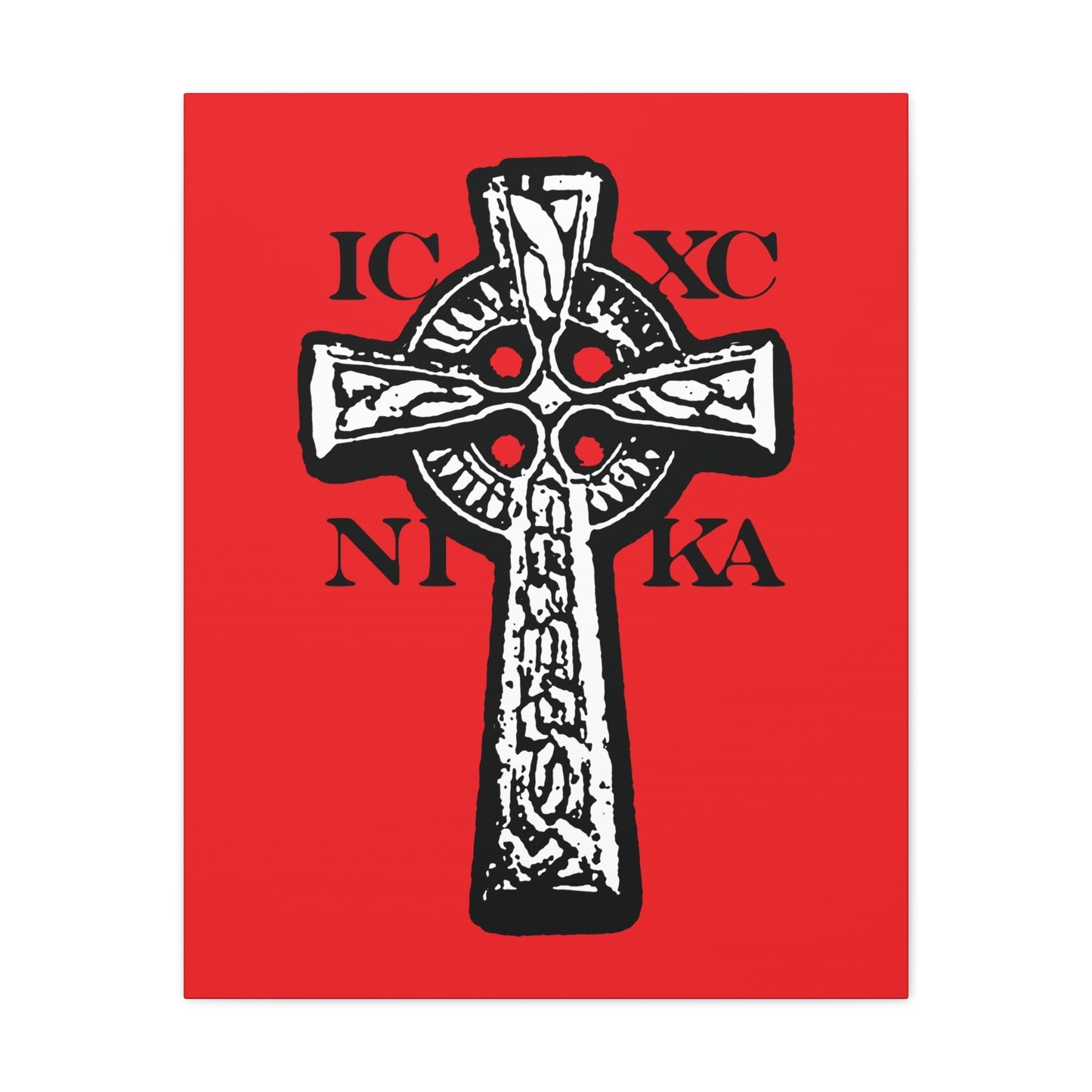 The ICXC NIKA Celtic Knotwork Cross wall art features a black and white cross on a bold red background, symbolizing Christ's victory and salvation, with traditional Greek letters IC XC NI KA for Orthodox Christian inspiration.