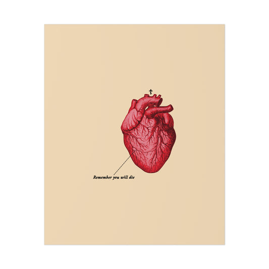 A Christian poster featuring a retro medical heart, Orthodox cross, and the phrase "Remember You Will Die" on beige, inspired by memento mori and the call to repentance—it's later than you think.