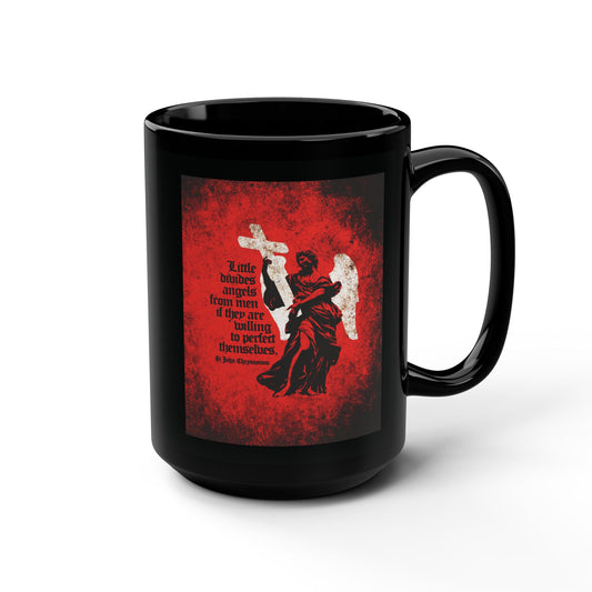 Little Divides Angels from Men | Christian Perfection | St John Chrysostom | Textured Cemetery Angel | Orthodox Christian Black Mug