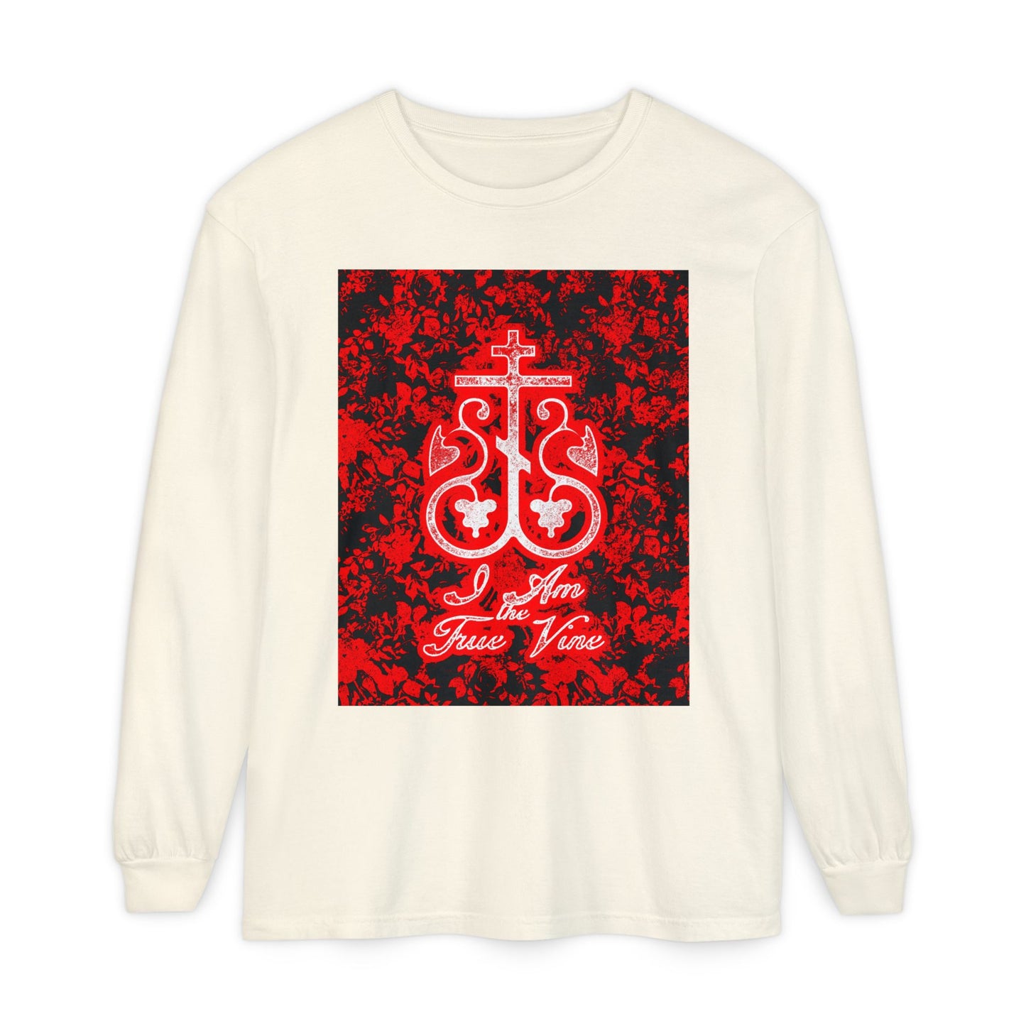 I Am the True Vine (John 15:1) | Orthodox Cross Vine Monogram | Red and Black Floral Design | Orthodox Christian Long Sleeve Shirt