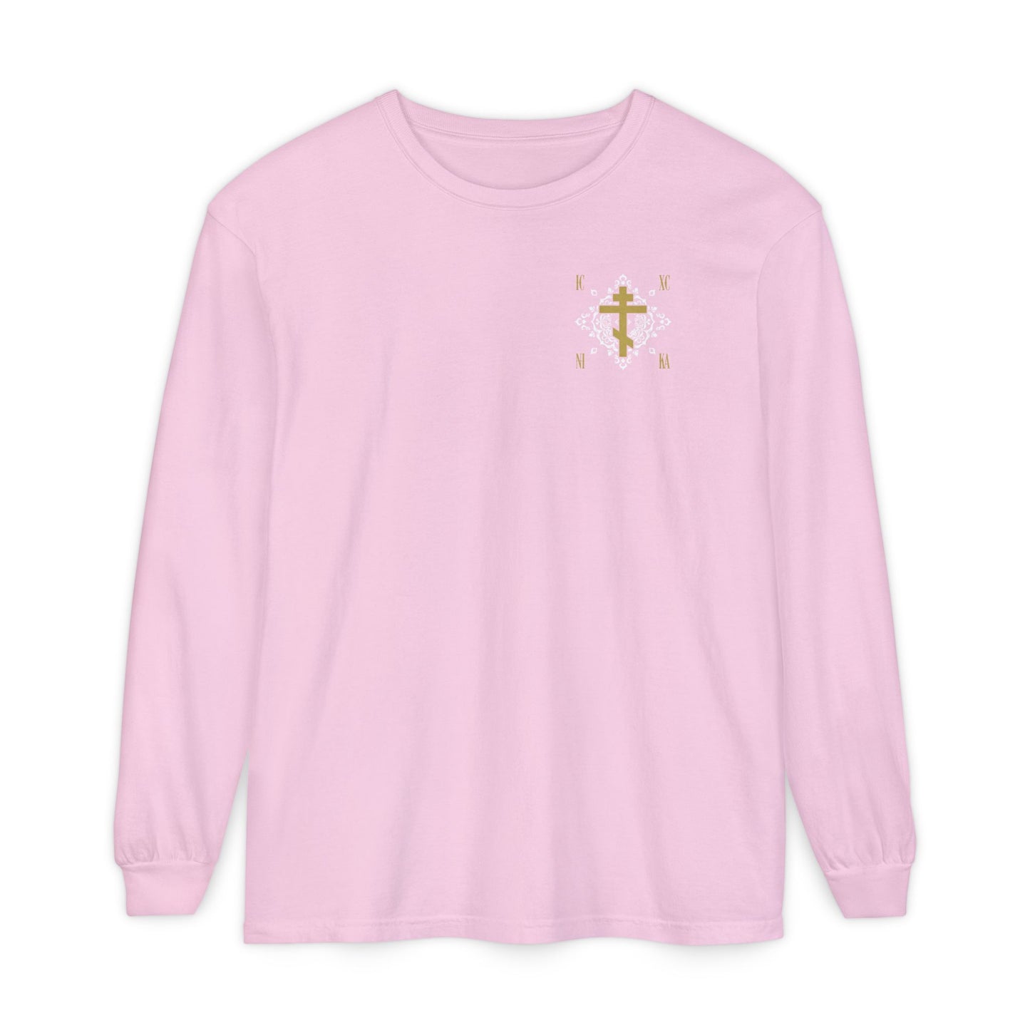 Gold Orthodox Cross ICXC NIKA (Small Design) | White Medieval Ornate Floral Pattern | Jesus Christ Conquers | Christian Long Sleeve