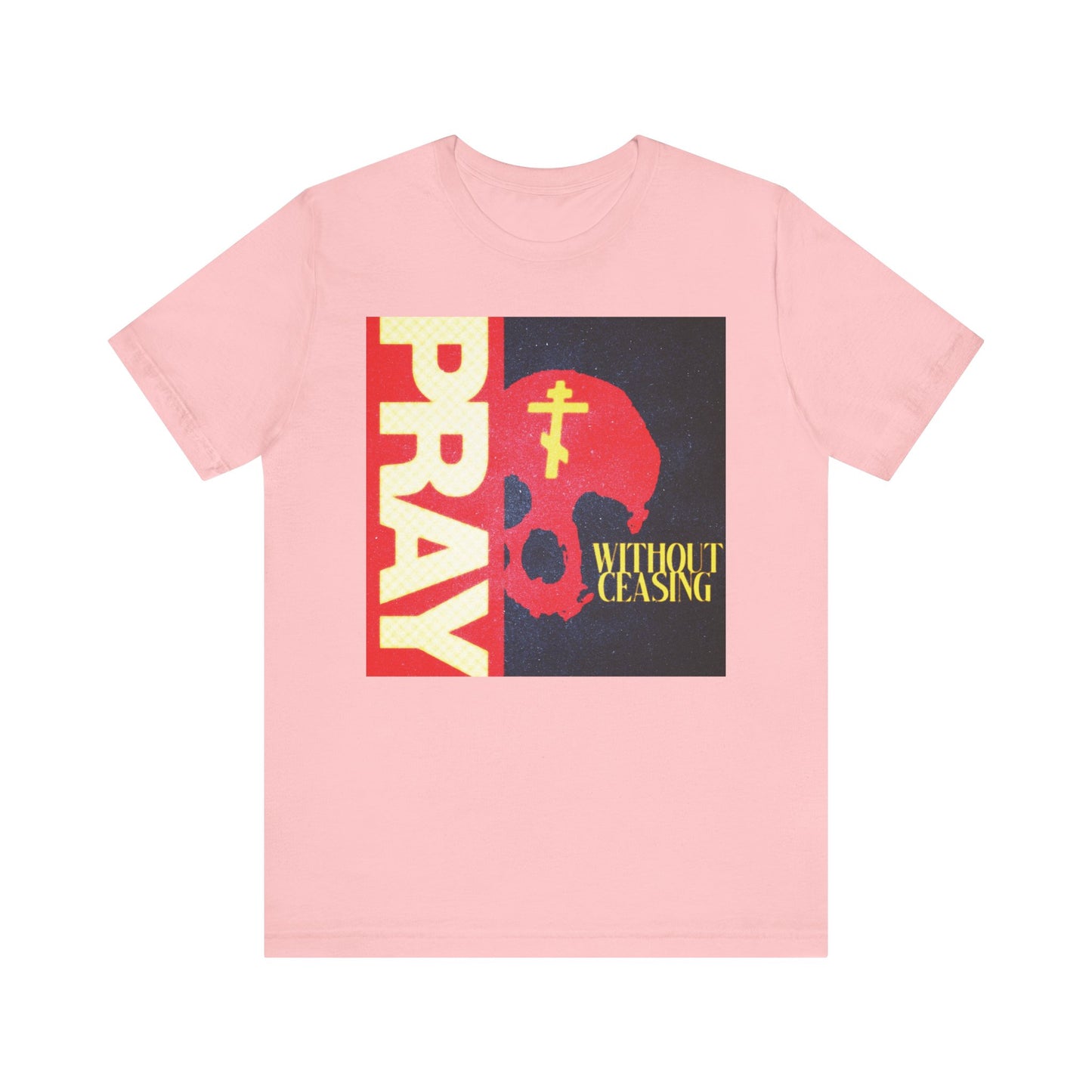 Pray Without Ceasing (1 Thess 5:16) | Red Skull w/ Yellow Orthodox Cross | Christian Lightweight Cotton Unisex T-Shirt