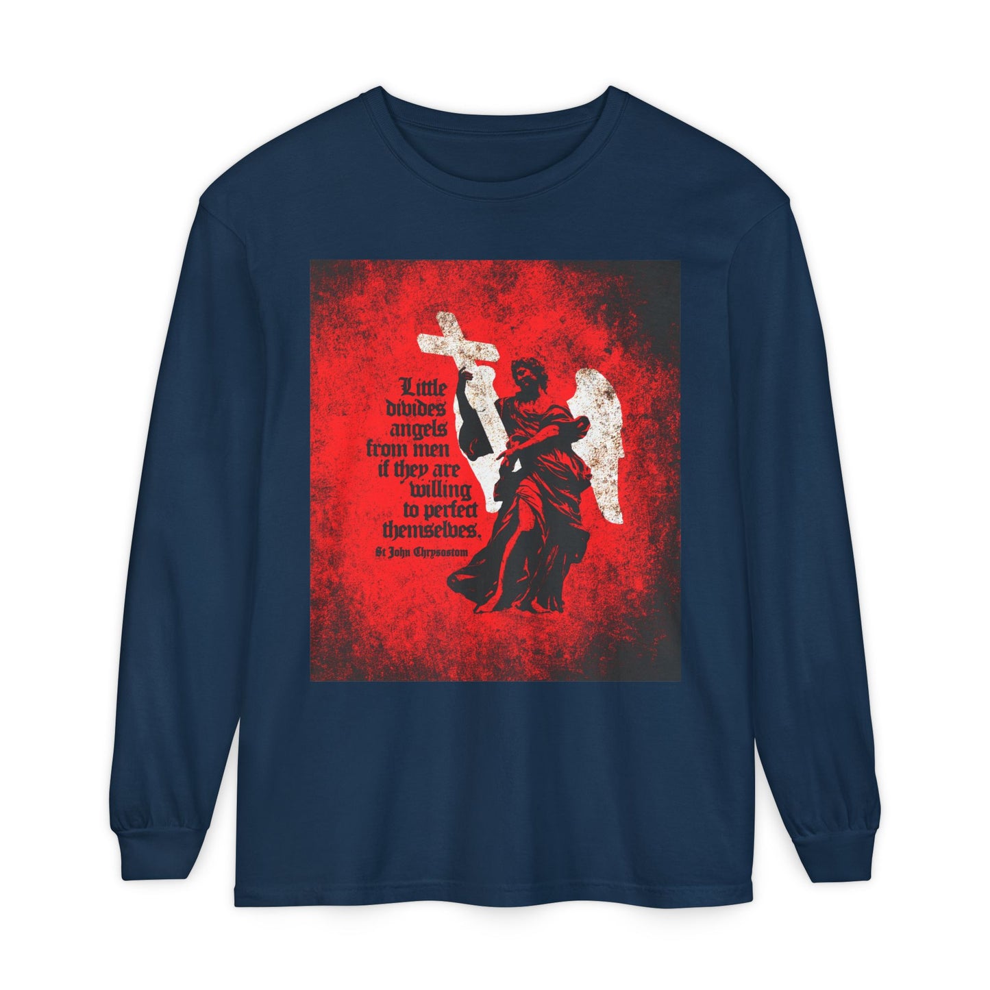 Little Divides Angels from Men | Christian Perfection | St John Chrysostom | Textured Cemetery Angel | Orthodox Christian Long Sleeve Shirt