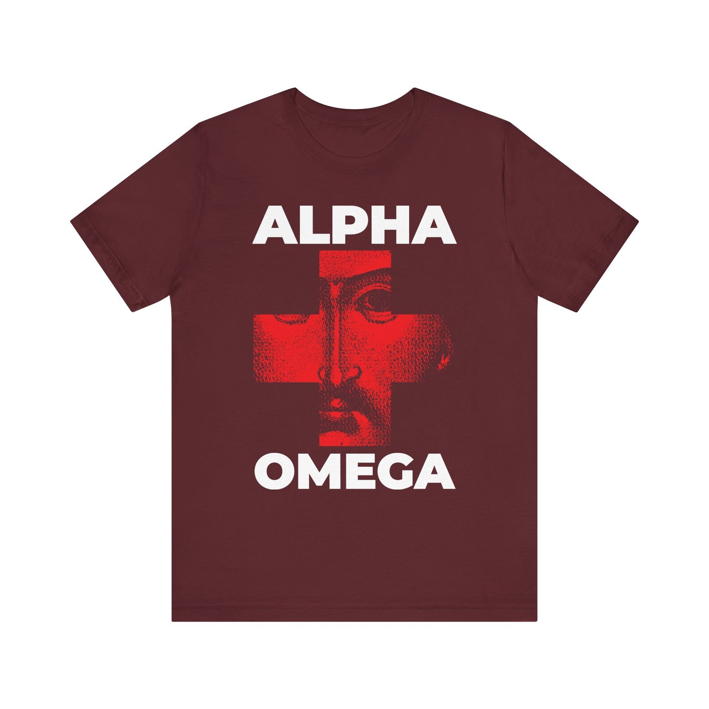 Maroon lightweight cotton tee featuring "I Am The Alpha + The Omega, The Beginning + The End (Rev 1:8)" with Christ's face and red cross iconography; unisex design symbolizes God's eternal names.