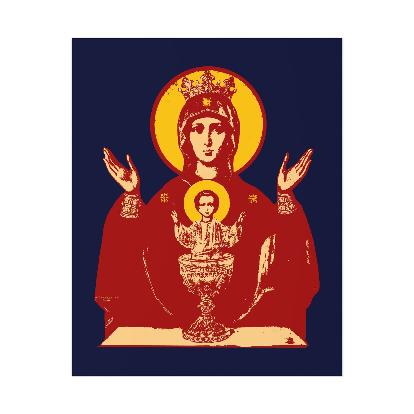 The “Holy Theotokos IconoGraphic of the Inexhaustible Chalice” Orthodox art poster depicts the crowned child Jesus in a chalice, symbolizing deliverance from addictions and conquering passions.