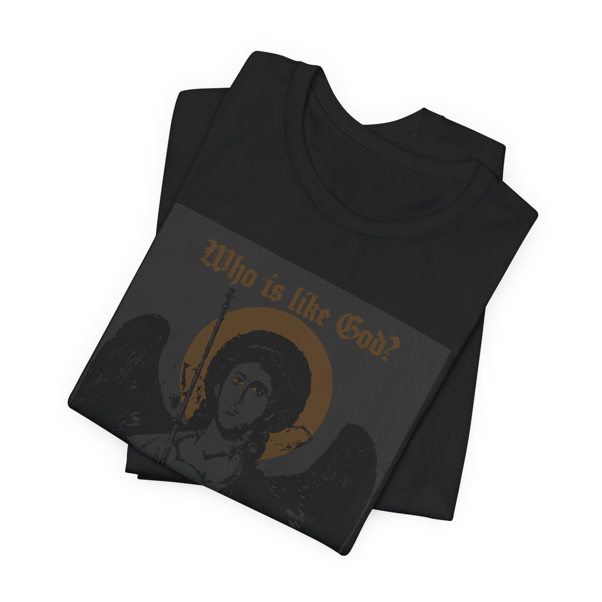 Unisex lightweight cotton tee in black, featuring a bronze iconographic graphic of Archangel Michael and the phrase “Who is like God?”—a design inspired by Orthodox Christian tradition and goth aesthetic.