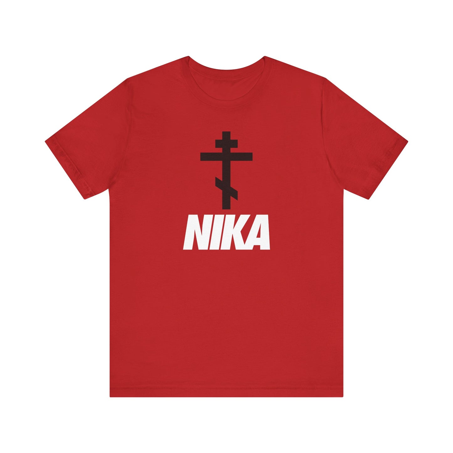Red Orthodox Cross with bold NIKA text tee—minimalist, Christian unisex shirt inspired by the NIKE logo. Athletic ascetic style on lightweight cotton; features black cross and Christogram over “NIKA,” symbolizing Jesus Christ conquers.