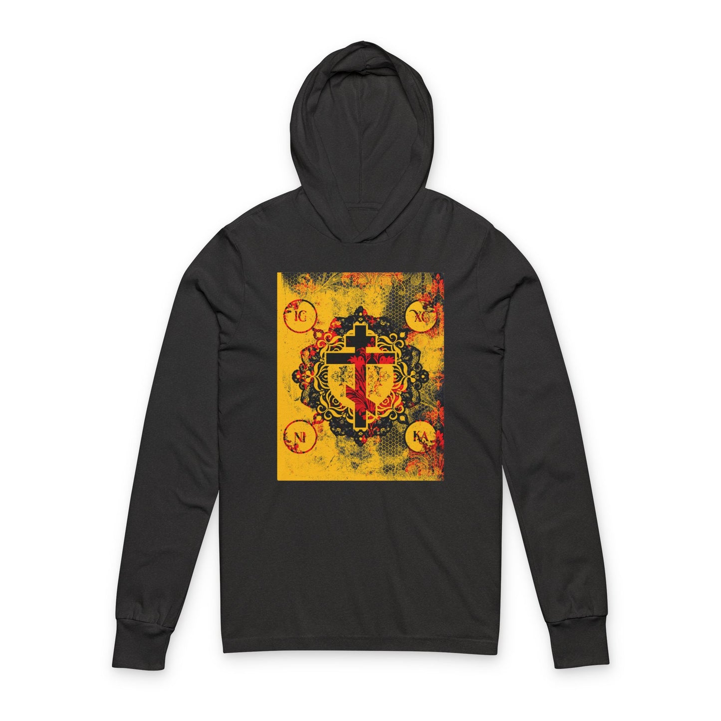 IC XC NIKA Orthodox Cross | Yellow & Red Modern & Medieval Textured Floral Design | Orthodox Long Sleeve Hooded Shirt