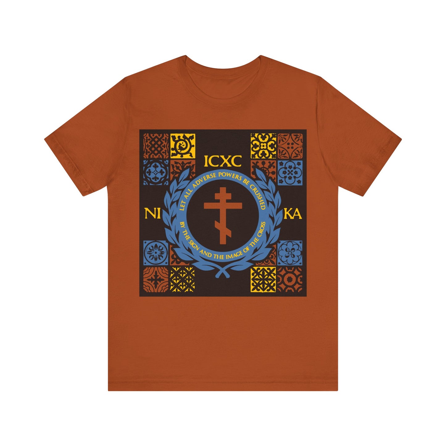 Let All Adverse Powers Be Crushed (Red, Yellow & Blue Design) | ICXC NIKA | Medieval Tile Design | Orthodox Christian T-Shirt