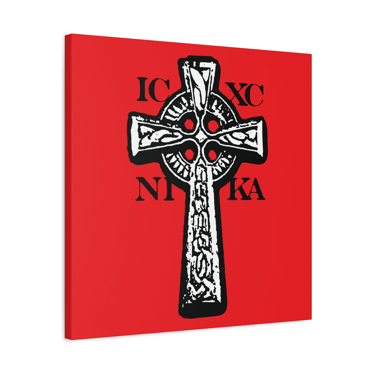 The ICXC NIKA Celtic Knotwork Cross features a black and white Orthodox design with Greek letters on a red background, symbolizing "Jesus Christ Conquers" and perfect as traditional Christian wall art.