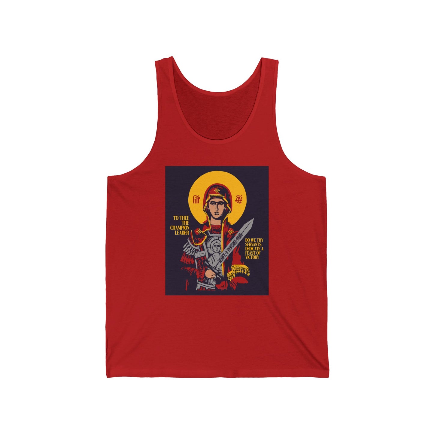 To Thee the Champion Leader | Mother of God | Theotokos with Sword IconoGraphic | Orthodox Christian Jersey Tank Top / Sleeveless Shirt