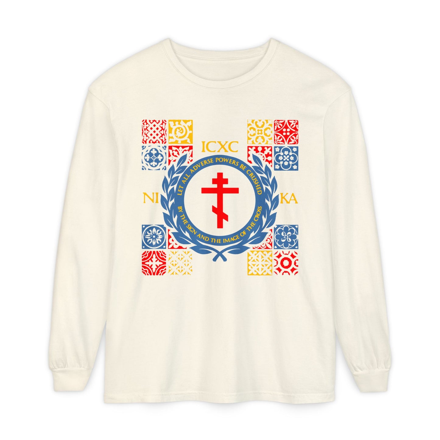 Let All Adverse Powers Be Crushed (Red, Yellow & Blue Design) | ICXC NIKA | Medieval Tile Design | Orthodox Christian Long Sleeve Shirt