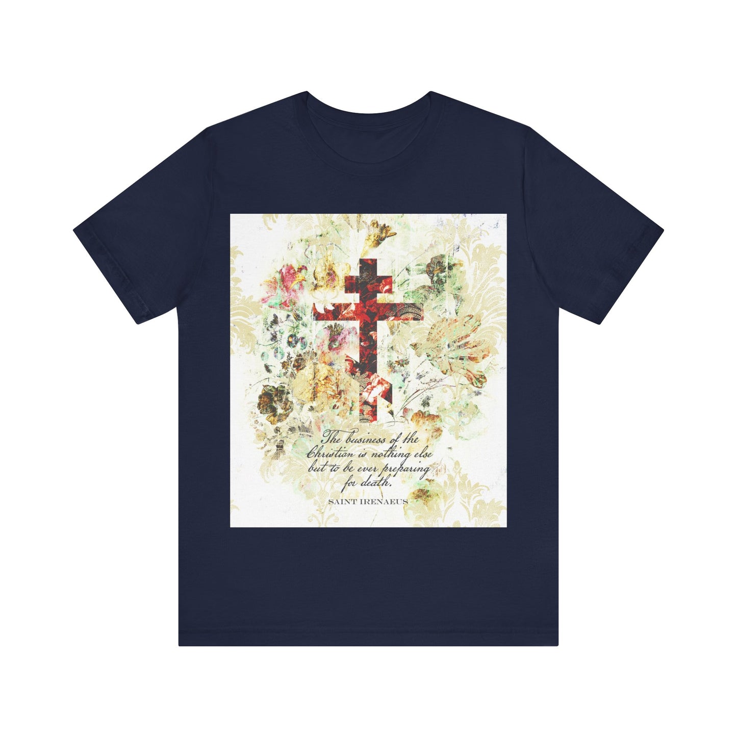 Navy t-shirt featuring a white and beige floral scrapbook-style cross, inspired by St Irenaeus and Orthodox Christianity, in arts & crafts style.