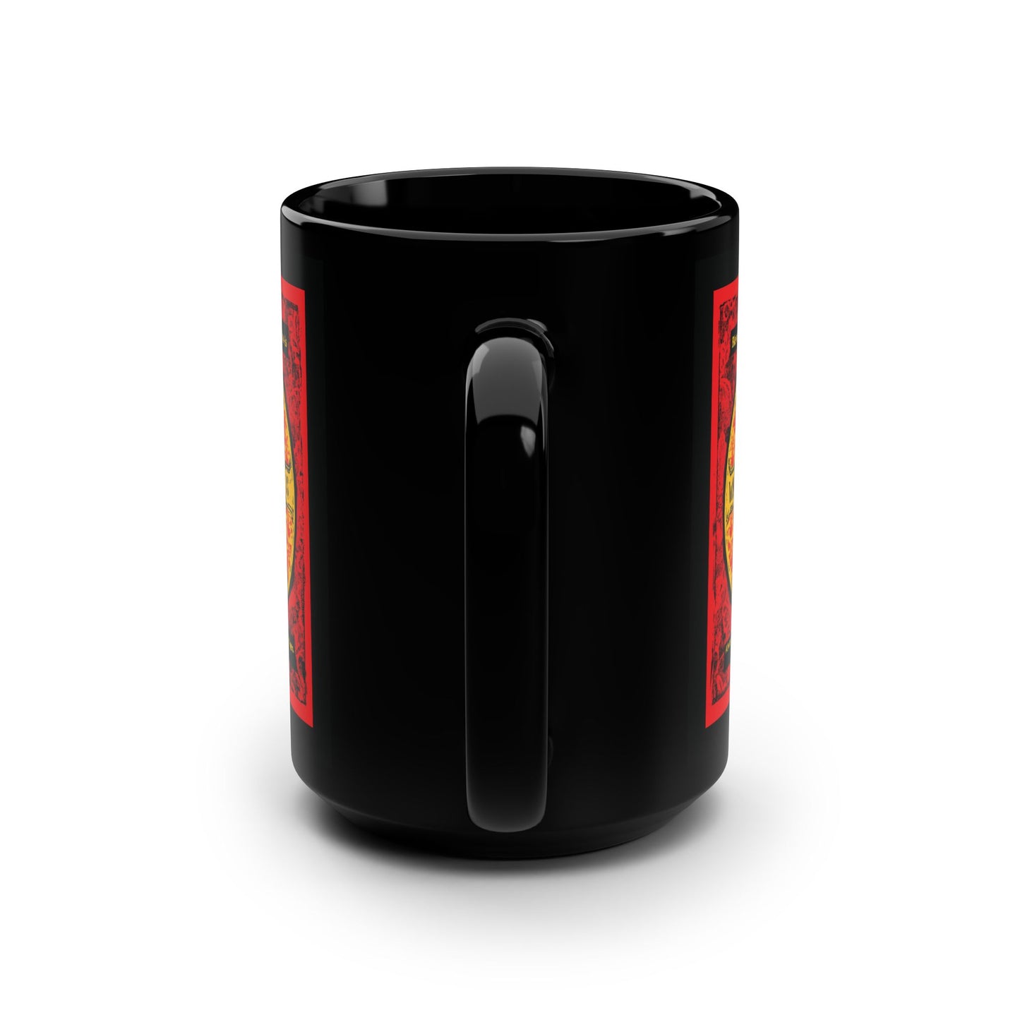 The Remembrance of Death Made Without Hands Orthodox Icon Mug features bold red, black, and yellow graphic designs on glossy ceramic, with the handle forward and a plain surface—ideal to pair with your favorite Troparion t-shirt.
