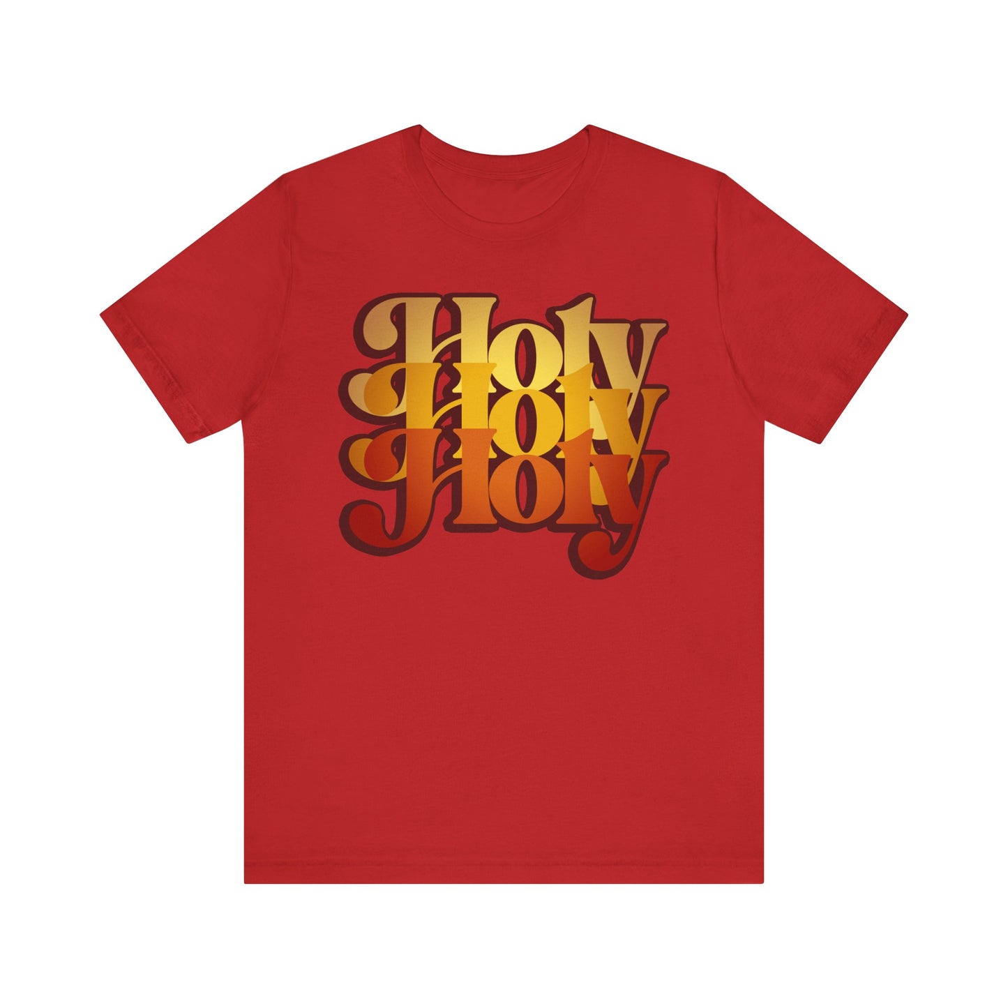 Red Holy Holy Holy Trisagion Liturgical Prayer tee with bold yellow and orange retro 70s lettering, inspired by Isaiah 6. Features Cherubim & Seraphim prayer on lightweight cotton unisex design.