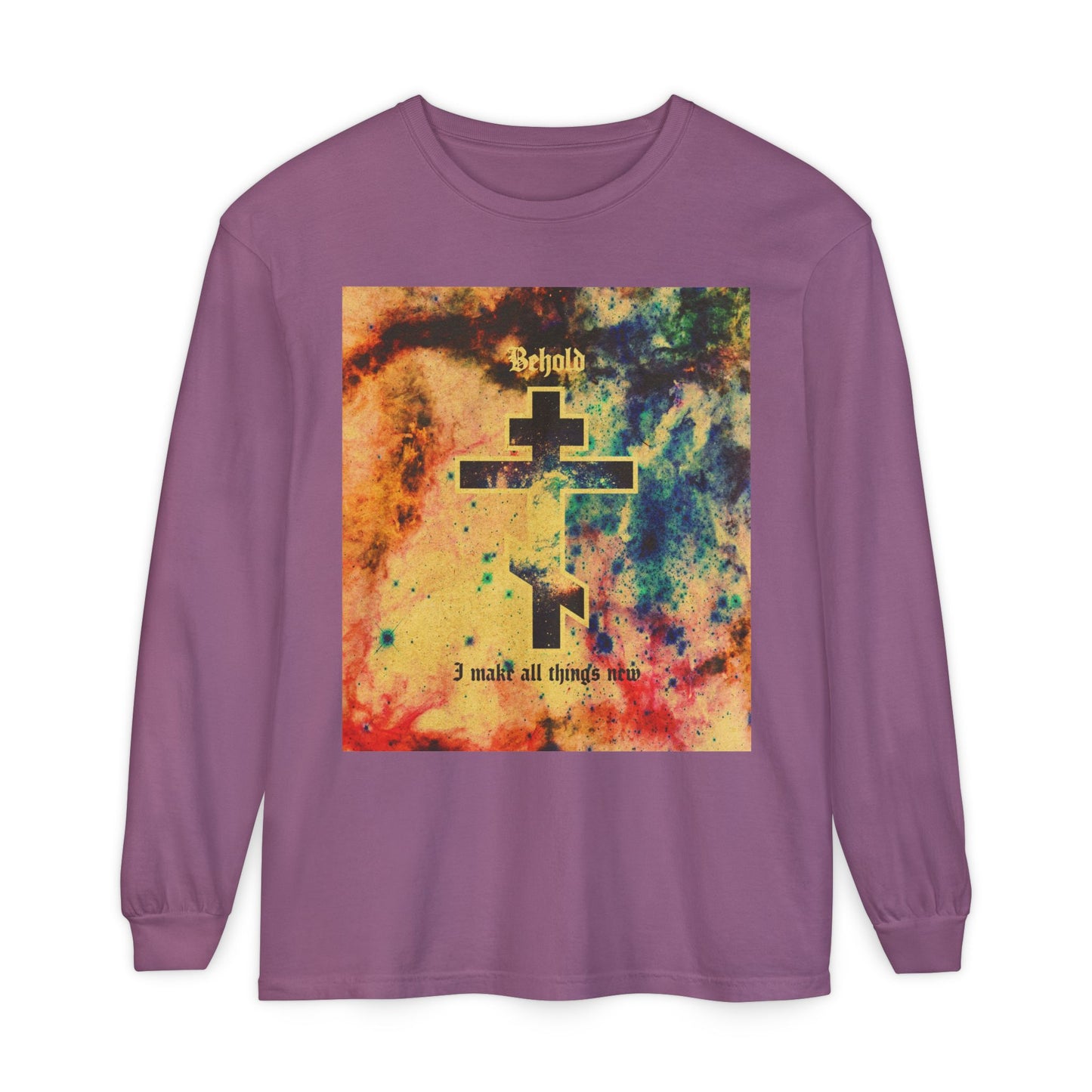 Behold, I Make All Things New (Revelation 21:5) | Cosmic Orthodox Cross On Inverted Starfield | Second Coming | Orthodox Christian Long Sleeve Shirt
