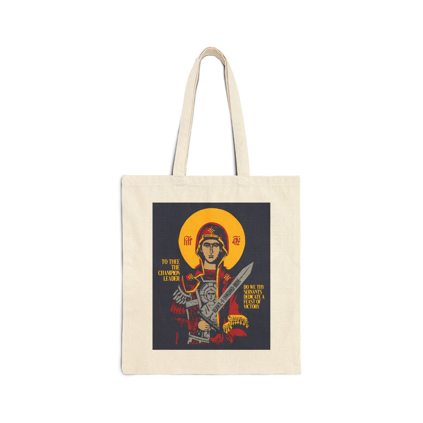 To Thee the Champion Leader | Mother of God | Theotokos with Sword IconoGraphic | Orthodox Christian Tote Bag