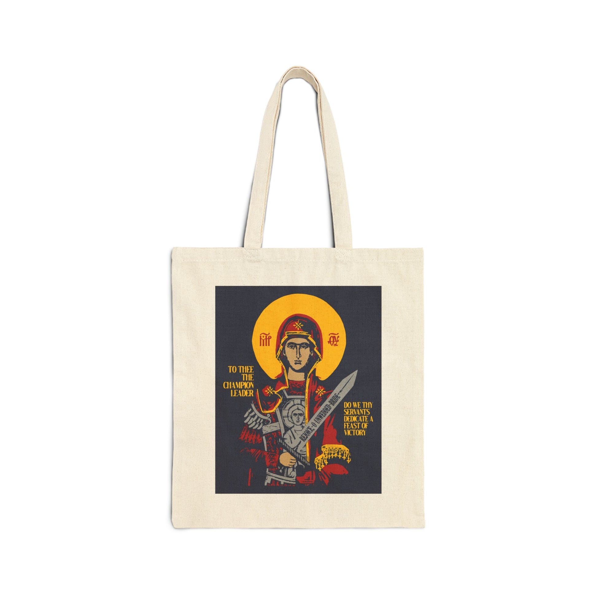 Natural tote bag showcasing the "To Thee the Champion Leader" iconographic design of the Mother of God with sword, accented in yellow and red, featuring inspirational text and honoring Orthodox Christian tradition.