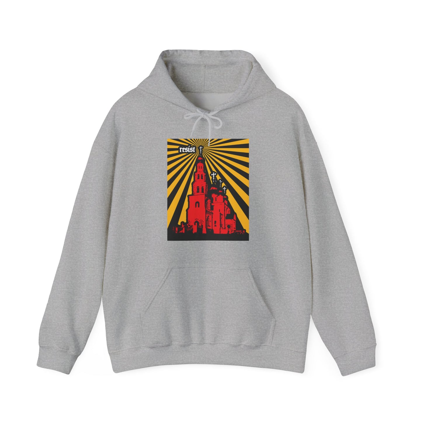 Sport Grey "Resist (Orthodoxy Against the World) No. 1" hoodie featuring a graphic of red buildings, yellow rays, and "resist" at the top—a bold Orthodox Christian statement.