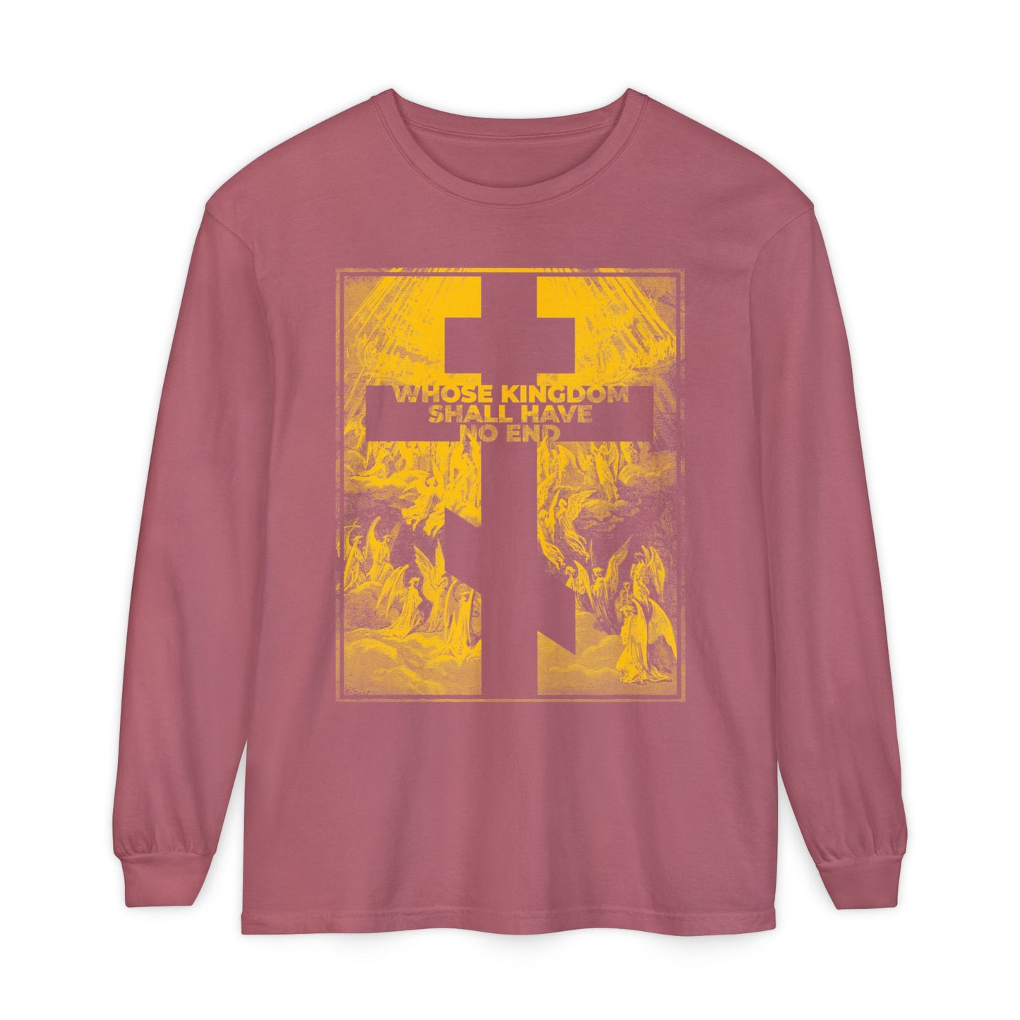 Crimson long sleeve featuring "Whose Kingdom Shall Have No End" and a yellow cross on the front, inspired by the Nicene Creed and Gustave Doré etchings; a statement of faith in Orthodox Christianity.