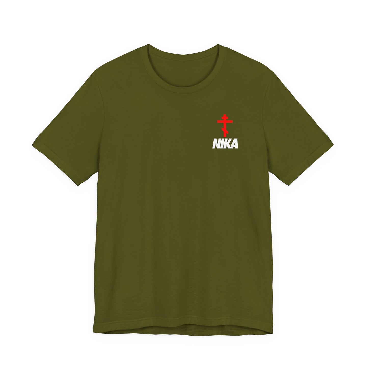 Olive t-shirt with an Orthodox cross and bold NIKA text in a small NIKE-inspired design, symbolizing "Jesus Christ Conquers." Athletic ascetic Christian fashion.