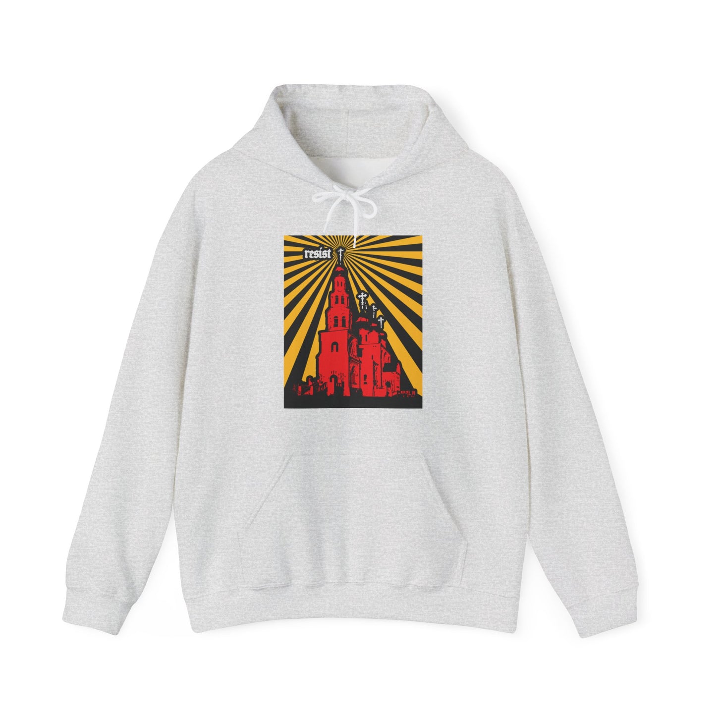Ash-colored “Resist (Orthodoxy Against the World) No. 1” hoodie showing people climbing a red tower amid yellow rays, with “resist” atop—a bold Orthodox Christian statement standing firm against apostasy.
