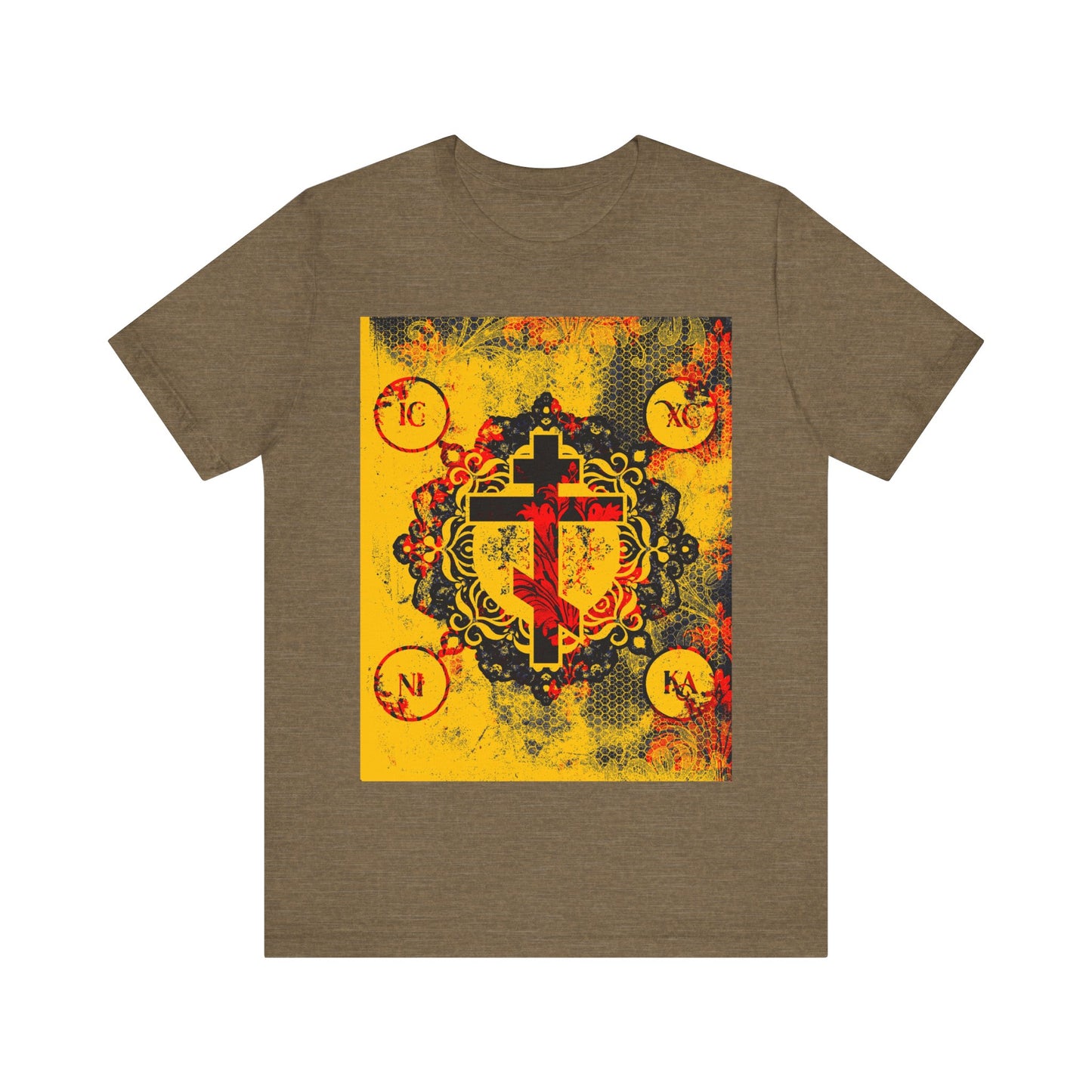 Heather Olive t-shirt featuring the IC XC NIKA Orthodox Cross in yellow and red with a modern-medieval textured floral design—a bold tribute to Christ’s sacrifice and Orthodox Christian faith.