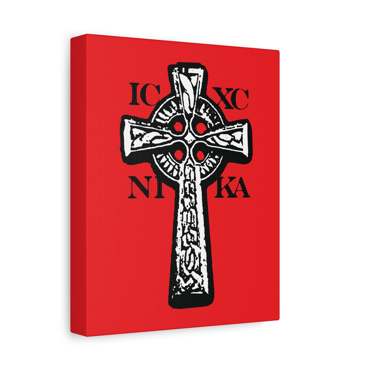 The ICXC NIKA Celtic Knotwork Cross features a black and white Orthodox design with Greek letters “Jesus Christ Conquers” on a red background, embodying tradition and faith for your wall décor.