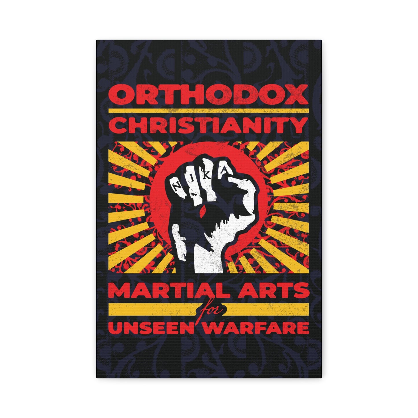 Orthodox Christianity: Martial Arts for Unseen Warfare | NIKA Jesus Fist on Colorful Sunburst Design | Orthodox Christian Canvas Art
