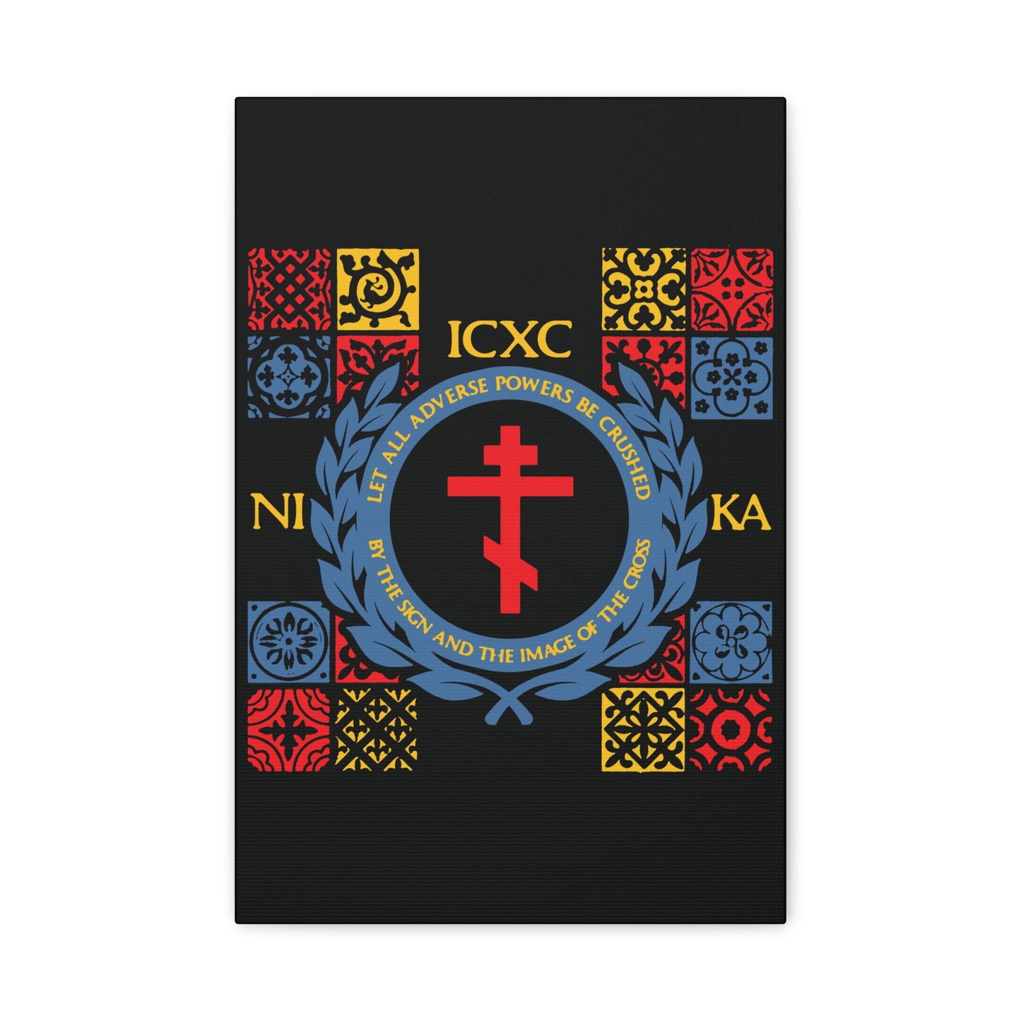 Let All Adverse Powers Be Crushed (Red, Yellow & Blue Design) | ICXC NIKA | Medieval Tile Design | Orthodox Christian Canvas Art