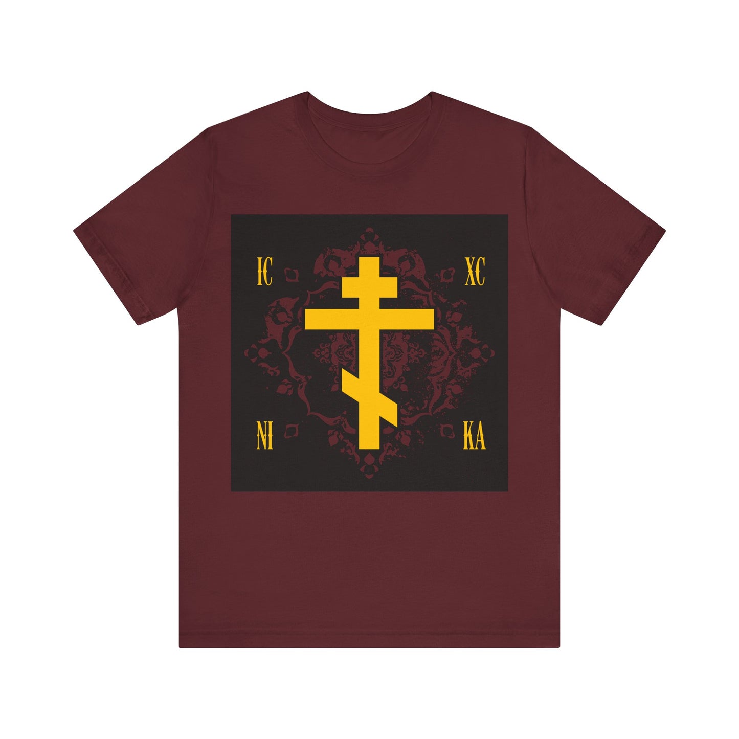 ICXC NIKA Yellow Russian Cross on Ornate Red Background Design | Jesus Christ Conquers | Orthodox Christian T-Shirt