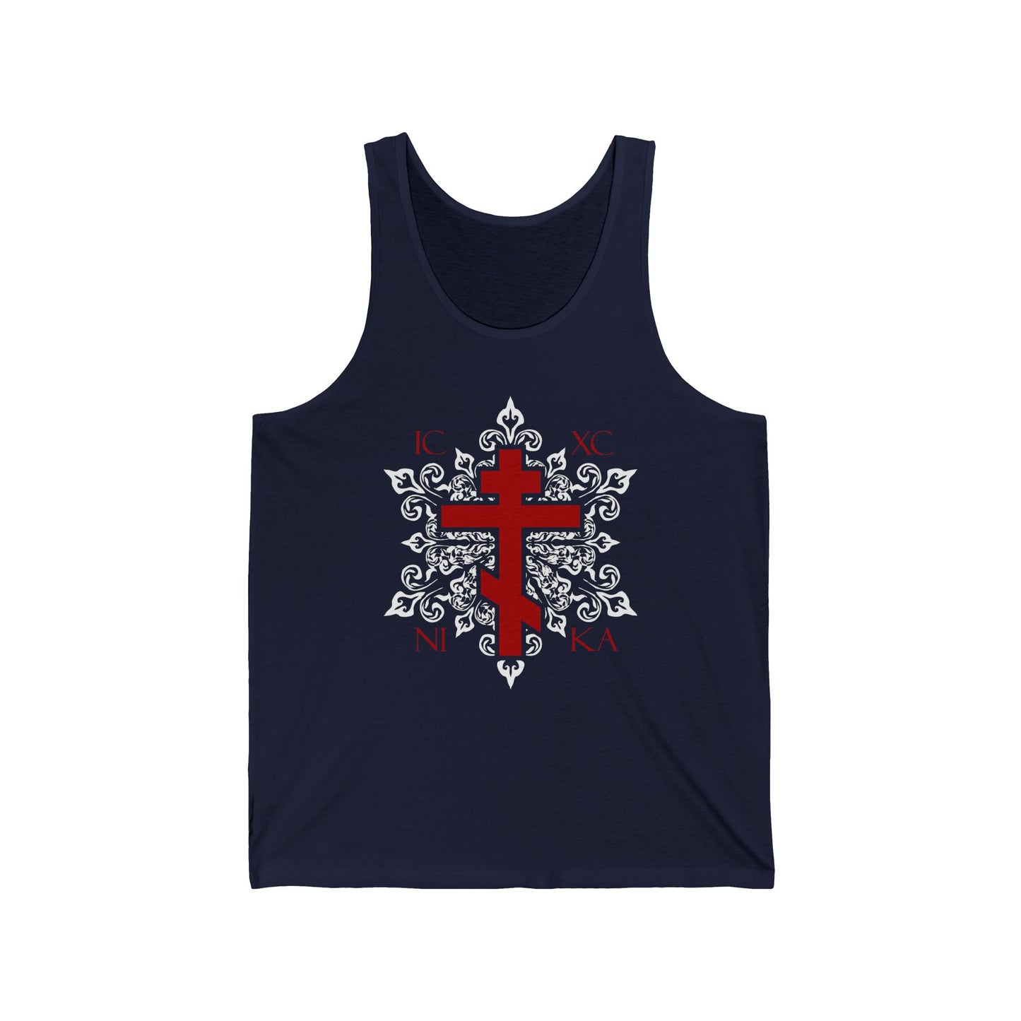 ICXC / NIKA Red Orthodox Cross on Ornate White Medieval Floral Design | Exclusive Best-Selling | Orthodox Christian Jersey Tank Top