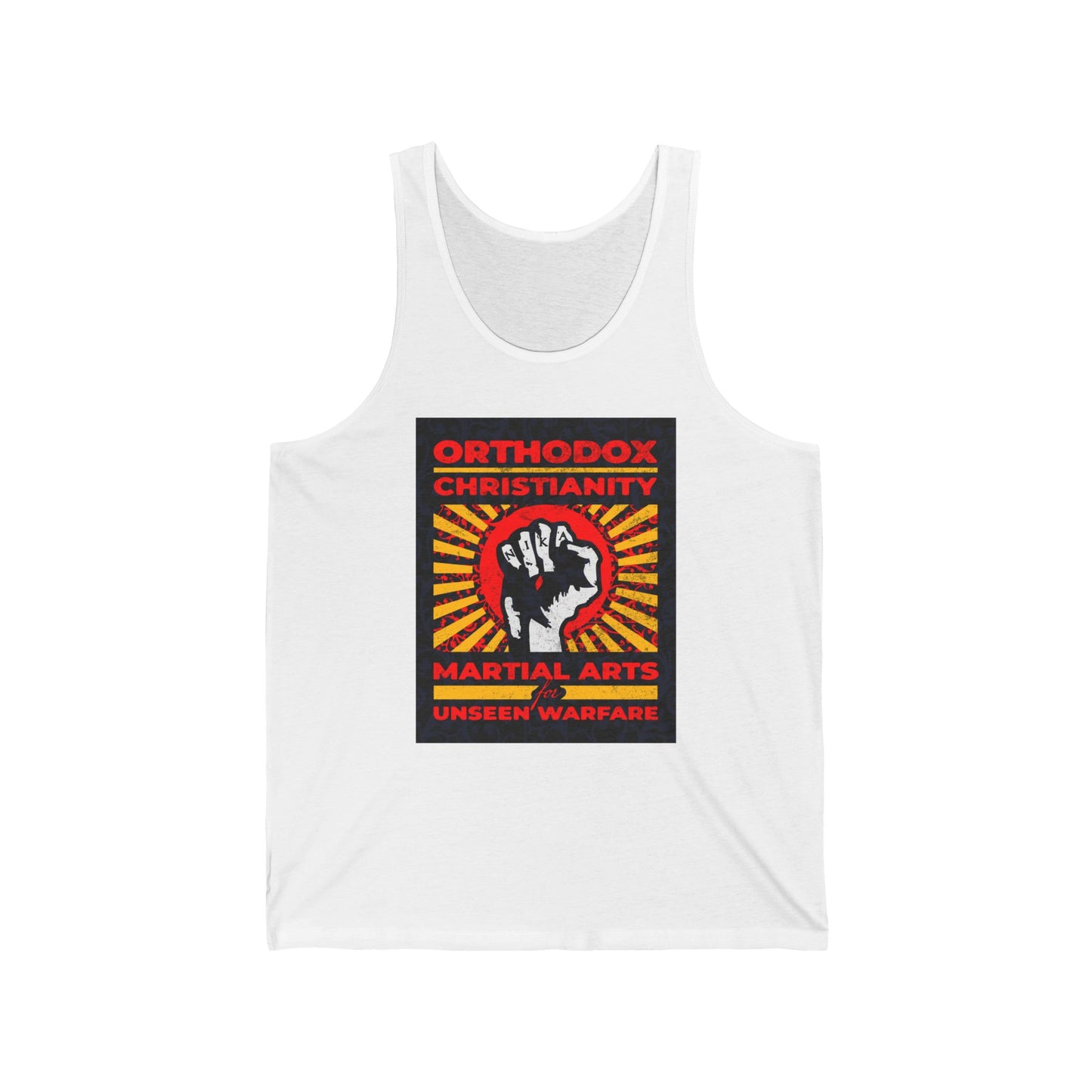Orthodox Christianity: Martial Arts for Unseen Warfare | NIKA Jesus Fist on Colorful Sunburst Design | Orthodox Christian Jersey Tank Top