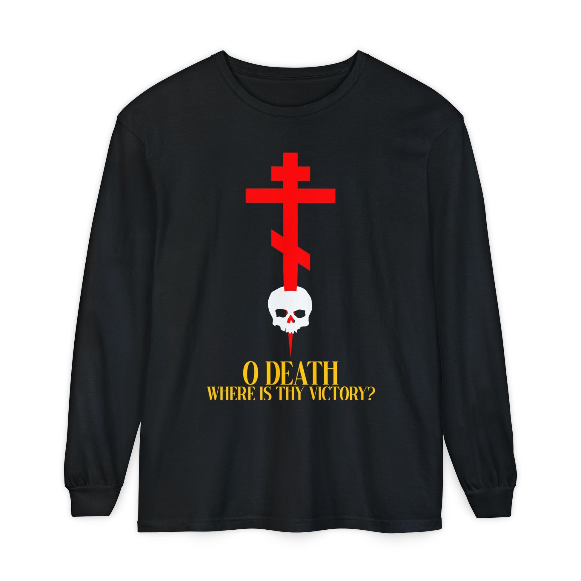 Black Orthodox Christian long sleeve shirt featuring a cross stabbing a skull, yellow “O Death Where is Thy Victory?” text (1 Corinthians 15:55), inspired by Resurrection and salvation.