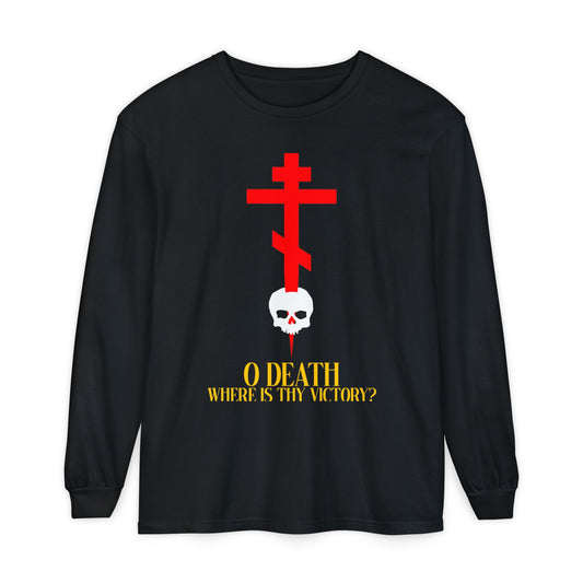 Black Orthodox Christian long sleeve shirt featuring a cross stabbing a skull, yellow “O Death Where is Thy Victory?” text (1 Corinthians 15:55), inspired by Resurrection and salvation.