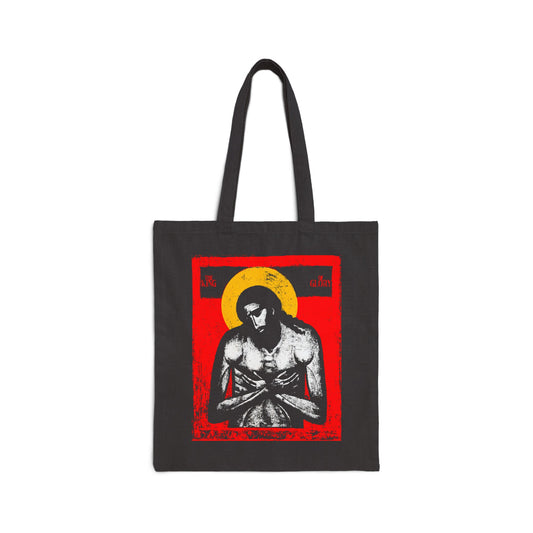 Black tote bag titled "The King of Glory Jesus Christ 'Extreme Humility' IconoGraphic," featuring a Christ icon with red, yellow, and white on black; inspired by Isaiah 53 for Christian devotion.