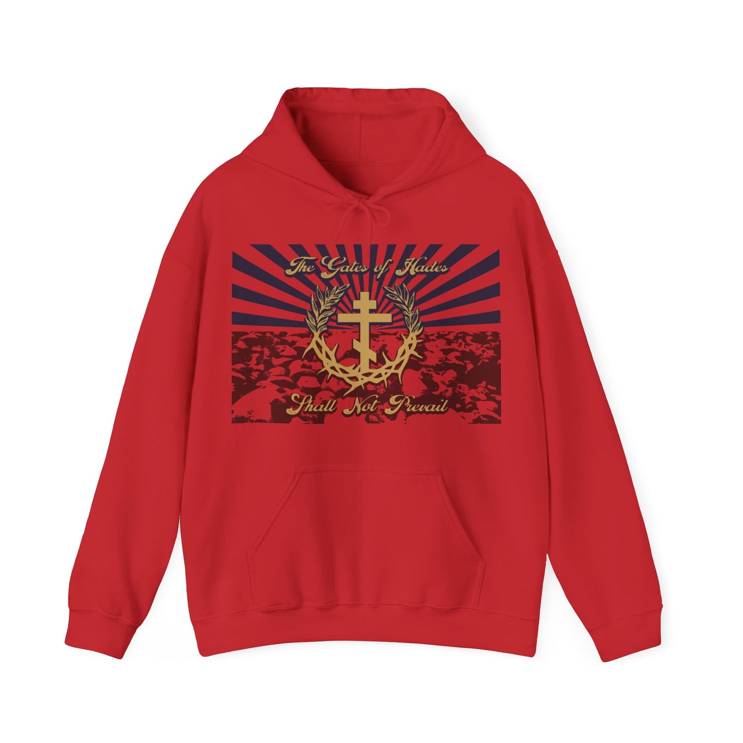 The Gates of Hades Shall Not Prevail | Cross with Wreath & Crown of Thorns | Skulls and Rays | Orthodox Christian Hoodie
