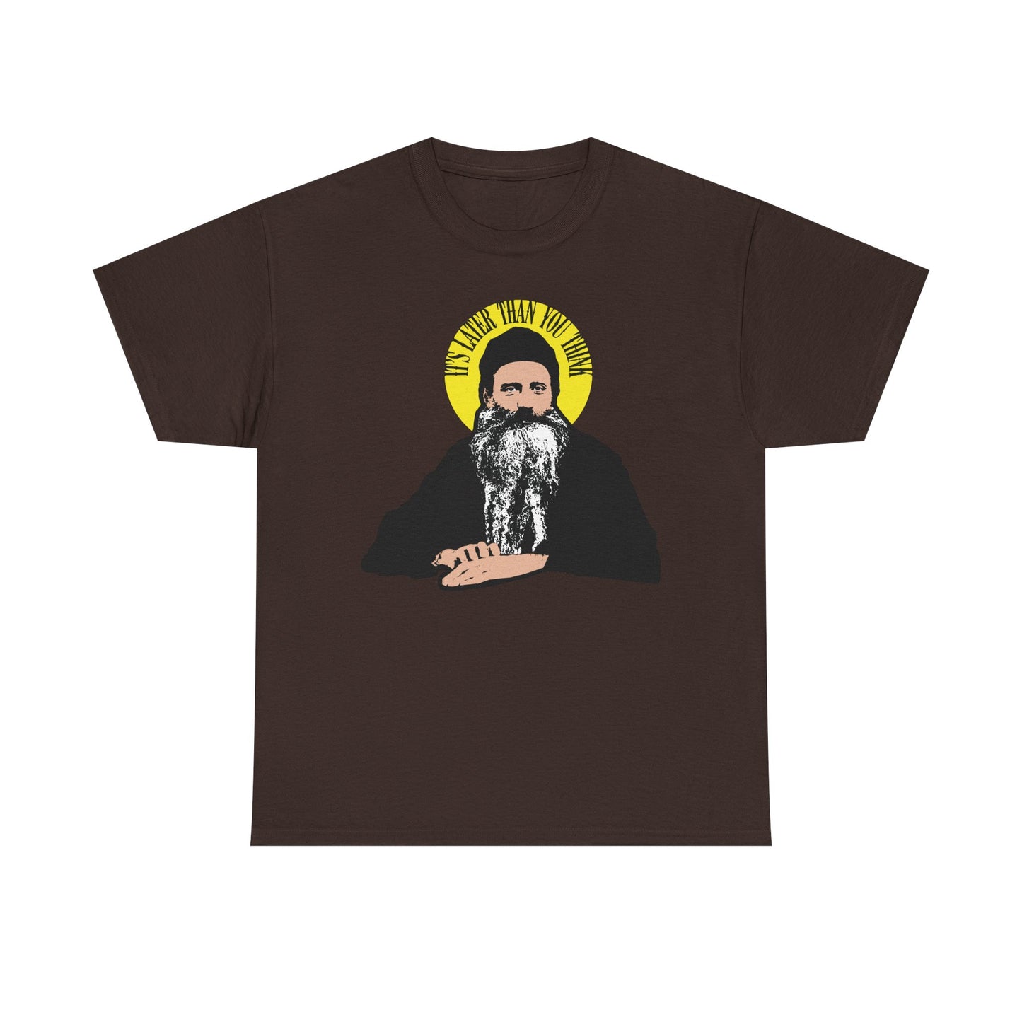 Dark Chocolate T-shirt featuring Fr. Seraphim Rose with a yellow halo and his quote, "It's Later Than You Think." Modern American Orthodox saint tribute in heavy cotton.