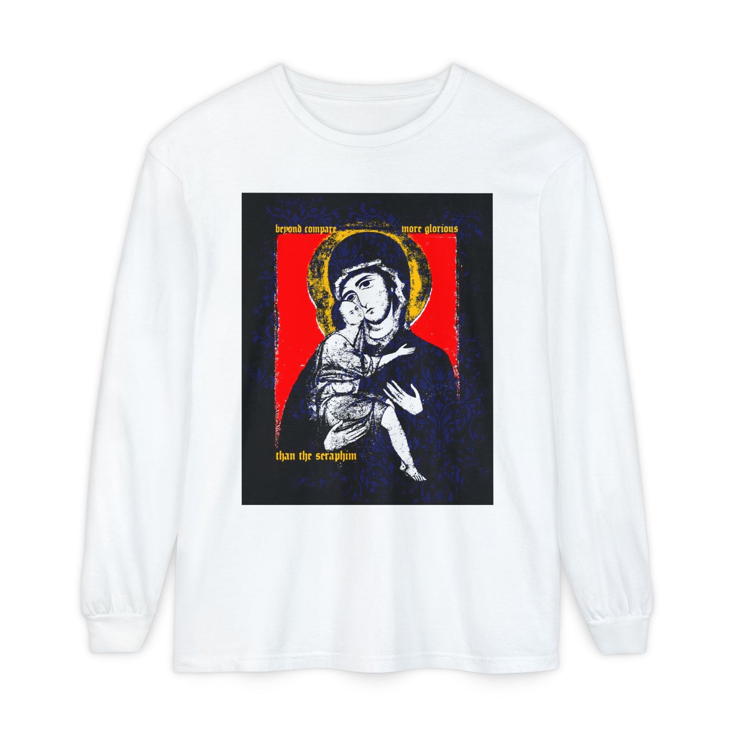 Beyond Compare More Glorious Than the Seraphim | Vladimir Theotokos Iconographic | Orthodox Christian Long Sleeve Shirt
