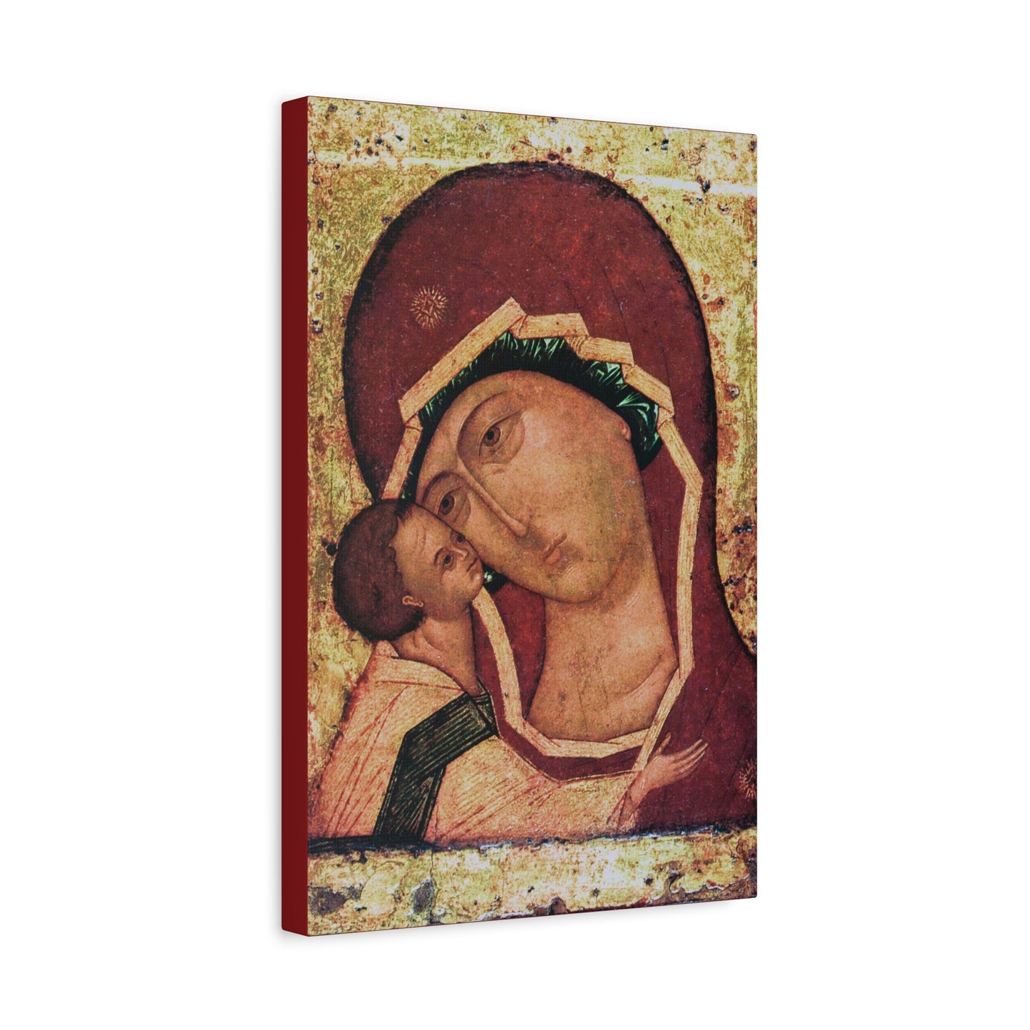 Igorevskaya Russian Icon of the Mother of God | Theotokos Tenderness (Eleusa) Orthodox Christian Icon, featuring the child embracing the Madonna against a gold and red background, inspired by the revered Igorevskaya icon tradition; available as religious canvas wall art.