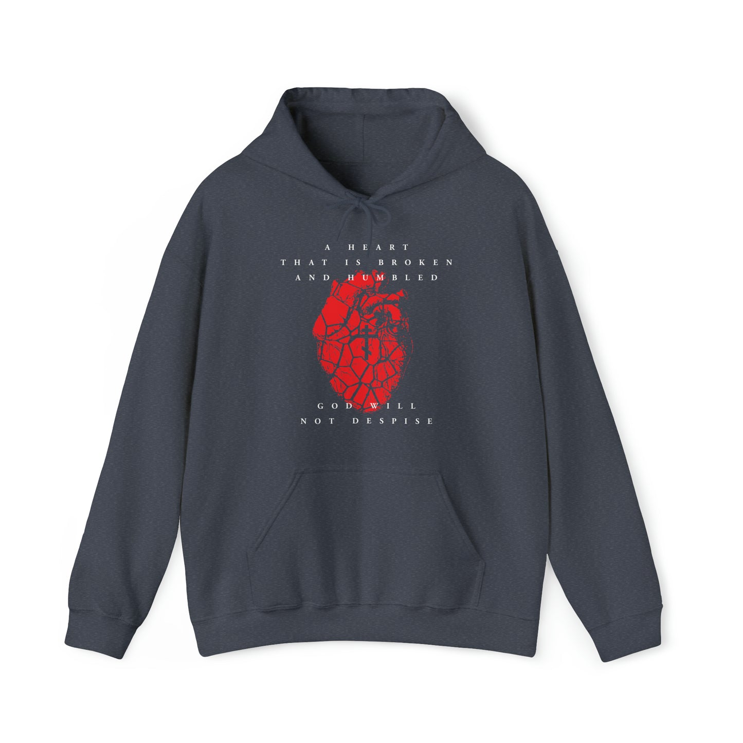 A Heart That is Broken and Humbled God Will Not Despise (Psalm 50/51) | Three-Bar Cross on Red Fractured Heart | Orthodox Christian Hoodie / Hooded Sweatshirt-Heather Navy-S-Remembrance of Death