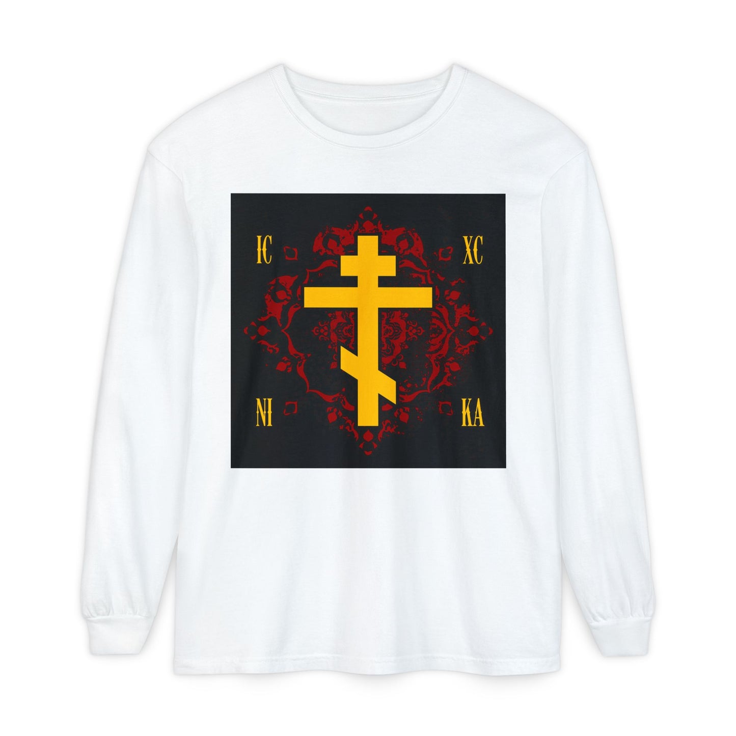 White long-sleeve shirt featuring the ICXC NIKA Yellow Russian Cross on an ornate red background—Orthodox Christian apparel inspired by "Jesus Christ Conquers.
