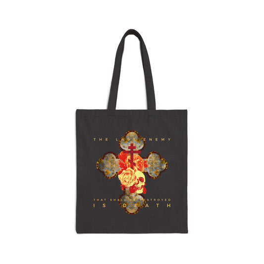 The Final Enemy That Shall Be Destroyed Is Death (1 Cor 15:26) Orthodox Christian tote by Remembrance of Death features a metallic gothic cross with a yellow rose and skull, symbolizing hope in resurrection and victory over death.