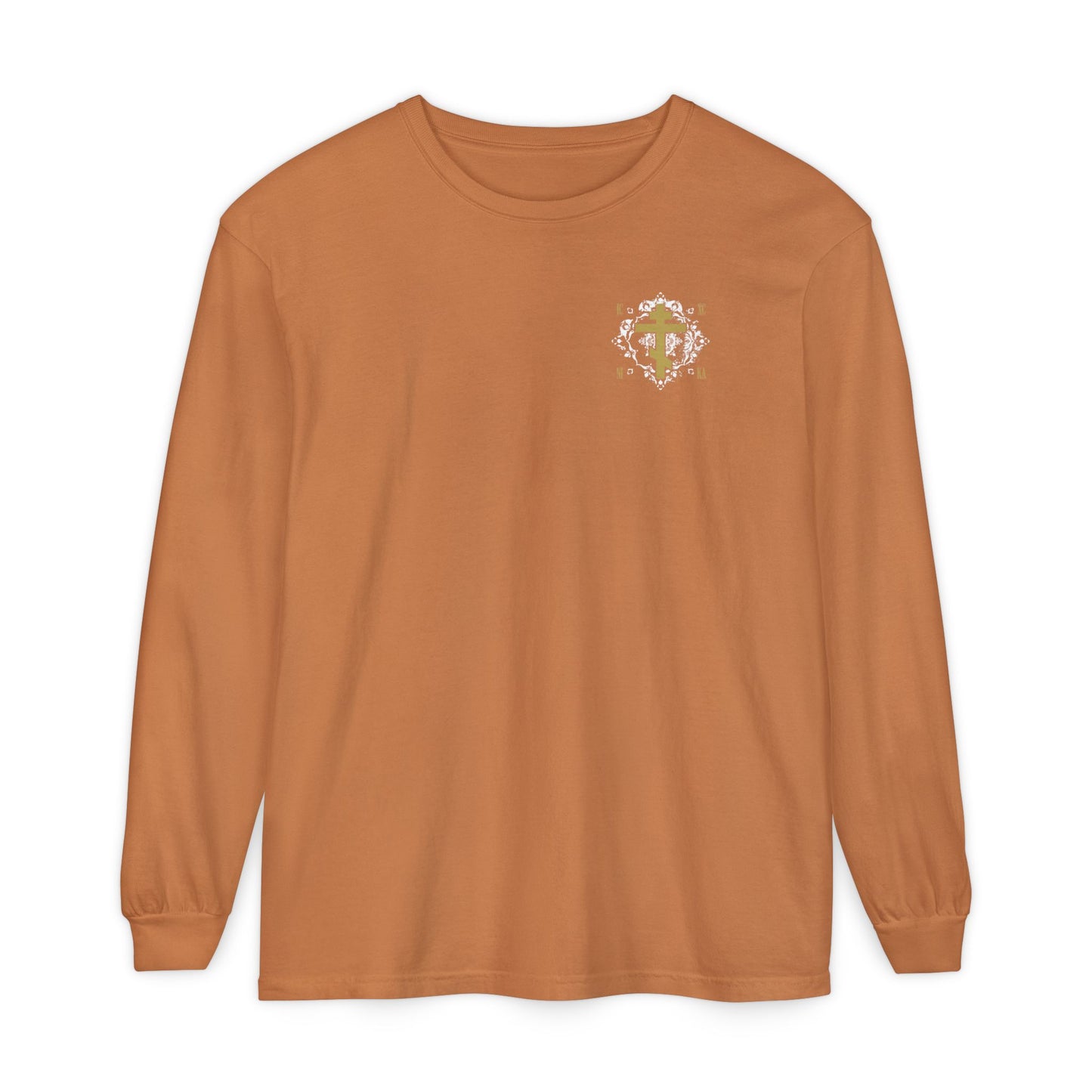 Gold Orthodox Cross ICXC NIKA  (Small Design) | White Medieval Ornate Floral Pattern | Jesus Christ Conquers | Christian Long Sleeve