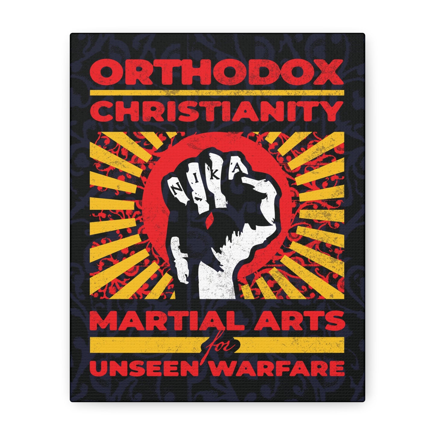 Orthodox Christianity: Martial Arts for Unseen Warfare | NIKA Jesus Fist on Colorful Sunburst Design | Orthodox Christian Canvas Art