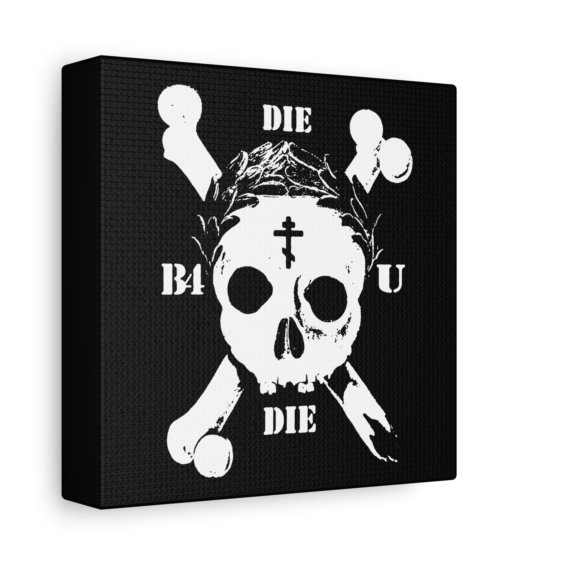 The "Die Before You Die" wall art features a retro skull & crossbones with an Orthodox cross and laurel wreath, inspired by Matthew 16:24–25—reminding us to "deny himself and take up his cross." Memento mori ascetic Christian decor.