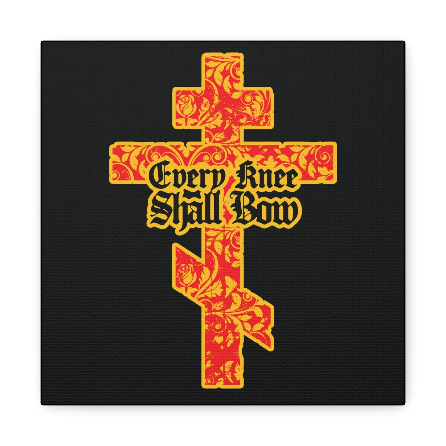 The "Every Knee Shall Bow" Christian wall art features a gold and red floral-textured Orthodox cross with black gothic lettering on a black background, referencing Isaiah 45:22-24 and Philippians 2:7-11, declaring Jesus Christ is Lord.