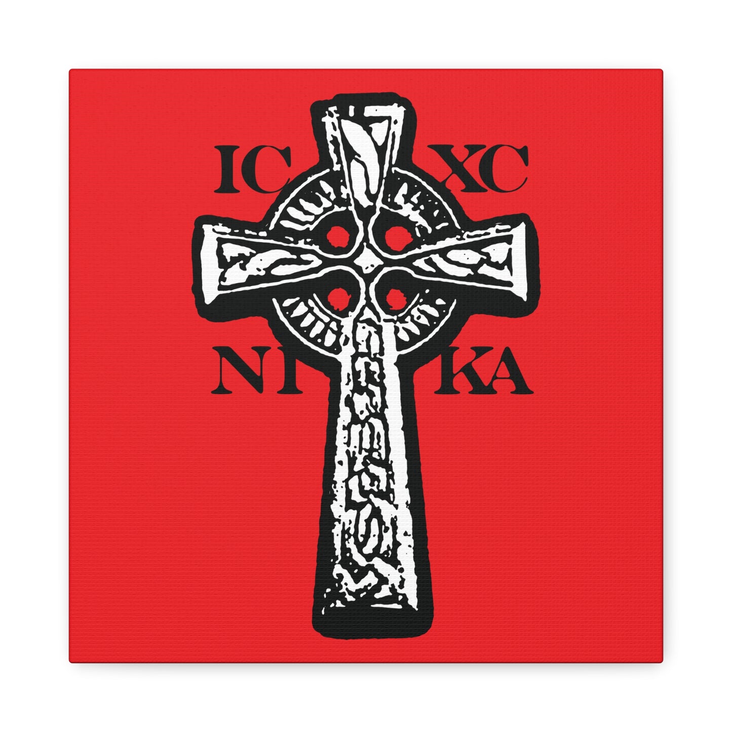 The ICXC NIKA Celtic Knotwork Cross features a black and white design on a red background, symbolizing Jesus Christ's victory, in traditional Orthodox Christian style—perfect as meaningful wall art.