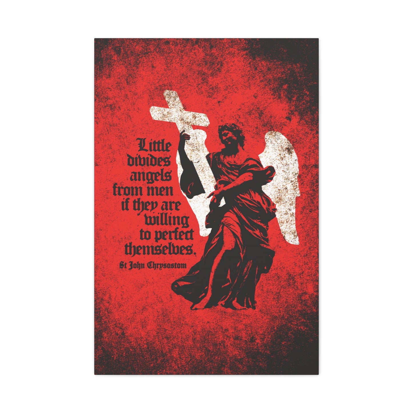 Little Divides Angels from Men" – Christian canvas art featuring a textured cemetery angel with a cross and “Be ye holy” quote, inspired by St. John Chrysostom’s call for perfection; perfect for Orthodox faithful.