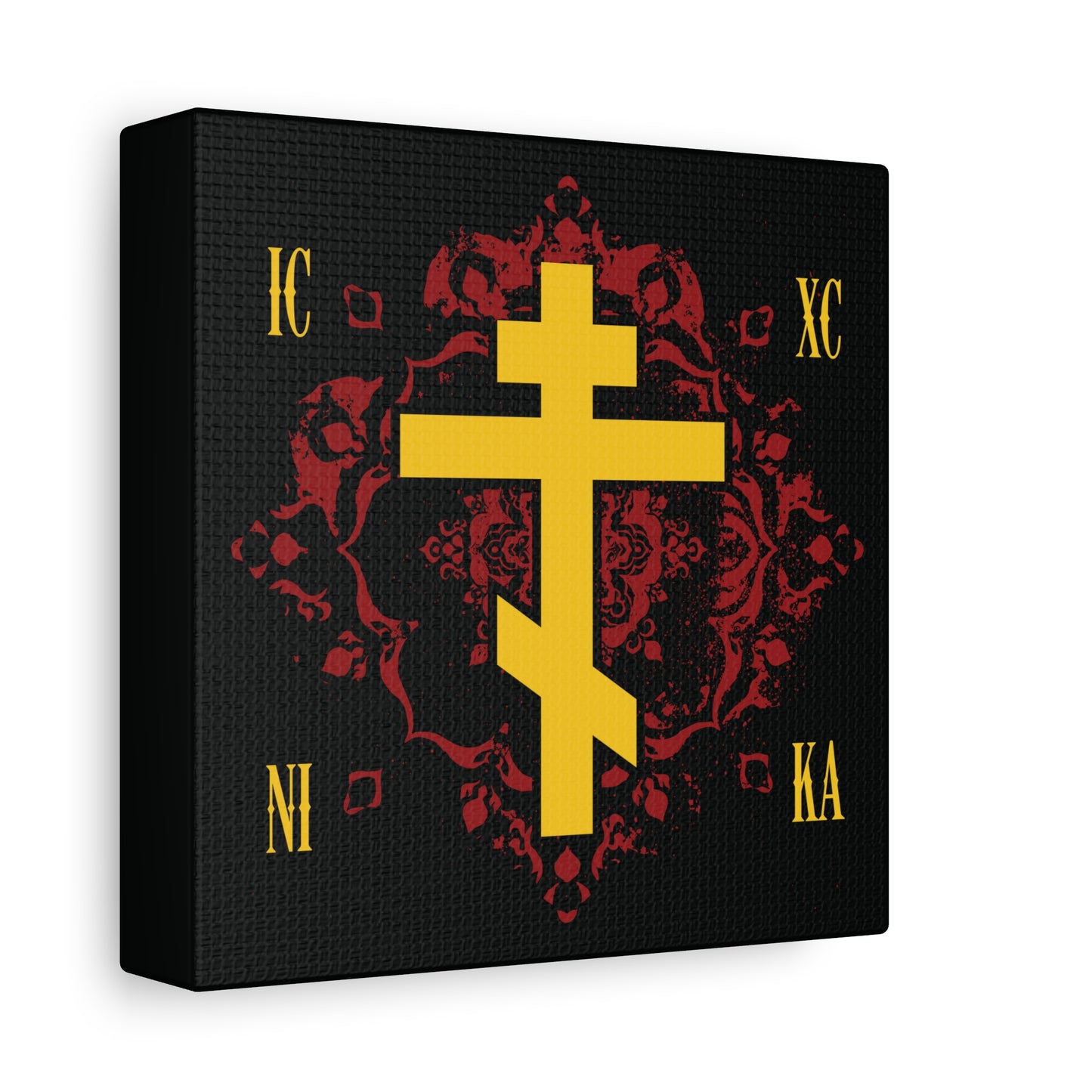 The ICXC NIKA Yellow Russian Cross on Ornate Red Background Canvas Art reflects Christ's victory, featuring a gold Orthodox cross and the ICXC NIKA letters, symbolizing Jesus Christ conquers.